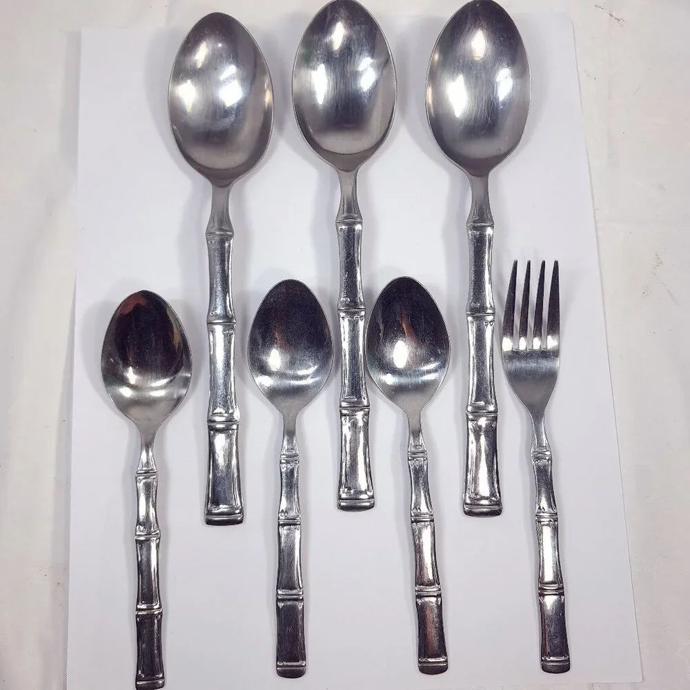 Vintage Oneida Northland Sumatra Bamboo serving spoons‎ fork stainless Korea
